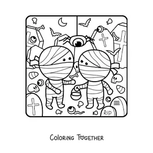 Coloring page of kawaii Halloween mummies