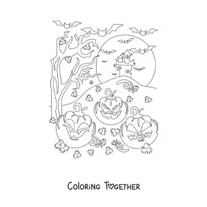 Coloring page of scary Halloween pumpkins with a haunted mansion