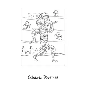Coloring page of a Halloween mummy walking