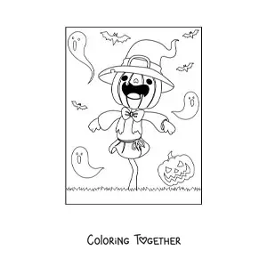 Coloring page of a Halloween scarecrow with ghosts