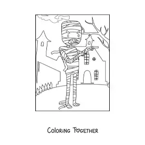 Coloring page of a Halloween mummy with a haunted house