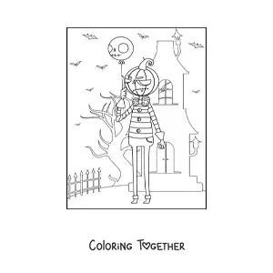 Coloring page of a Halloween monster holding a balloon in front of a haunted mansion