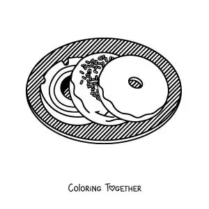 Coloring page of three donuts on a plate