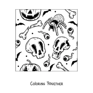 Coloring page of a Halloween spider with skulls