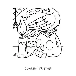 Coloring page of a Halloween spider with a crow and a skull