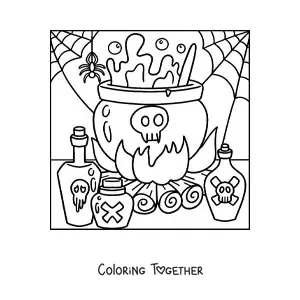Coloring page of a Halloween spider with a cauldron