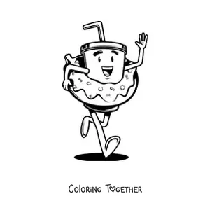 Coloring page of an animated cup with a straw running alongside a donut