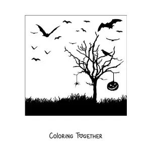 Coloring page of the silhouette of a spider hanging from a tree on Halloween night