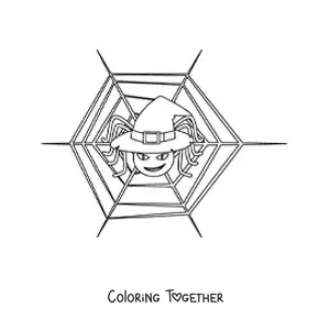 Coloring page of a cartoon spider with a Halloween witch hat