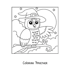 Coloring page of a cartoon Halloween owl with a witch hat in front of the Moon