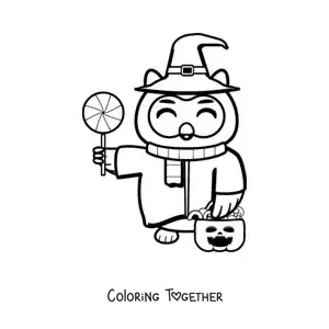 Coloring page of a kawaii Halloween owl with candy and a witch hat