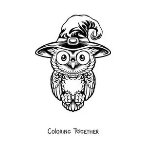 Coloring page of a realistic Halloween owl with a witch hat