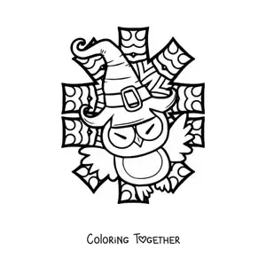 Coloring page of a cartoon Halloween owl with a witch hat