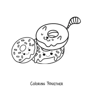 Coloring page of a cartoon cat shaped like a donut next to two donuts