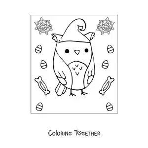 Coloring page of a kawaii Halloween owl with a hat