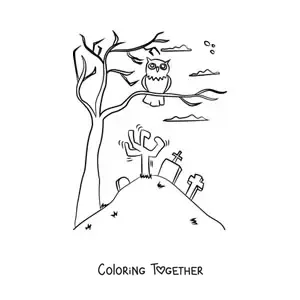 Coloring page of a Halloween owl in a tree at the cemetery