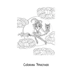 Coloring page of a pretty witch flying on her broom with an owl on Halloween