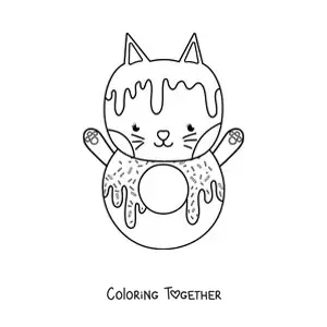 Coloring page of a cartoon cat shaped like a kawaii donut