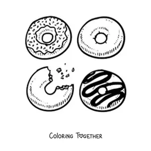 Coloring page of four assorted donuts