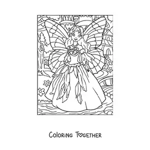 Coloring page of a pretty fairy princess in the forest