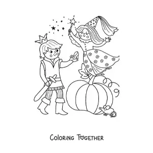 Coloring page of a fairy godmother and prince