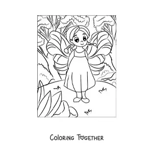 Coloring page of a cute baby fairy in the forest