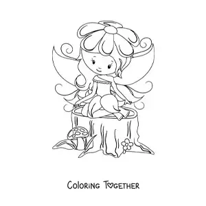Coloring page of a kawaii baby fairy in the forest