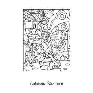 Coloring page of a beautiful fairy with a flower