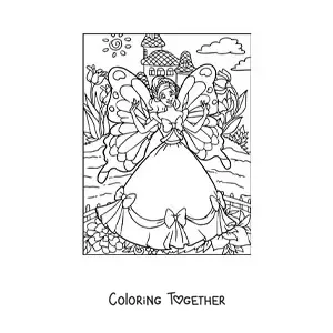 Coloring page of a butterfly fairy princess in a magical garden