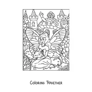 Coloring page of a fairy of love in a magical forest