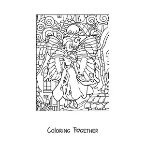 Coloring page of a beautiful butterfly fairy in an enchanted forest
