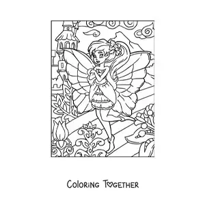 Coloring page of a beautiful fairy in a garden with flowers