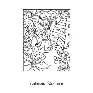 Coloring page of a butterfly fairy in a garden with flowers