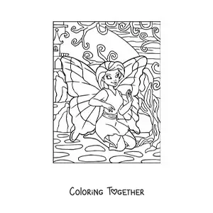 Coloring page of a beautiful butterfly fairy sitting in the garden