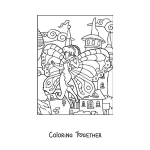 Coloring page of a beautiful butterfly fairy flying at the castle