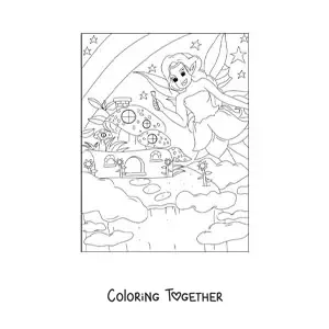Coloring page of an anime style fantasy fairy in a magical forest