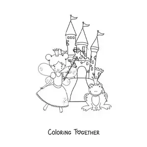 Coloring page of a magical fairy godmother at the castle