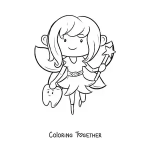 Coloring page of a kawaii tooth fairy with a tooth