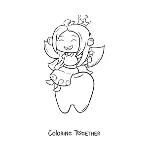 Coloring page of a kawaii tooth fairy sitting on a tooth
