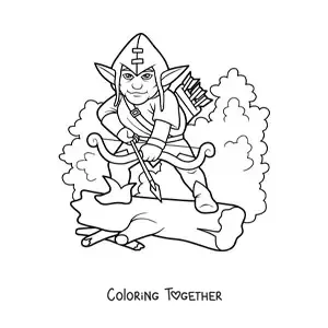 Coloring page of a magic elf in the forest with bow and arrows