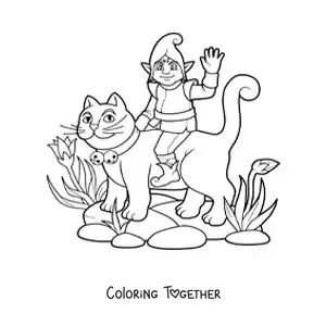 Coloring page of a magic elf sitting on a cat