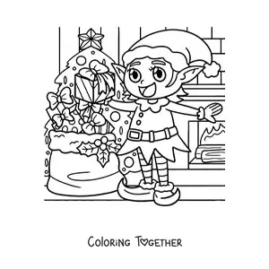 Coloring page of a Christmas elf with gifts next to the tree