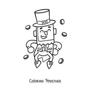 Coloring page of a kawaii leprechaun dancing with money