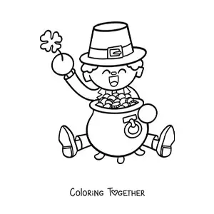 Coloring page of an Irish leprechaun with a pot of gold