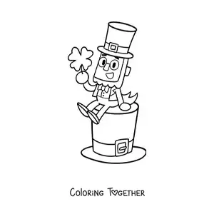 Coloring page of a leprechaun sitting on a hat