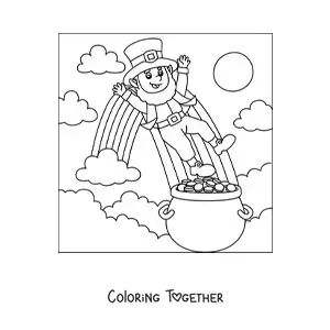 Coloring page of a leprechaun with a pot of gold at the end of the rainbow