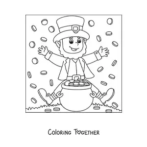 Coloring page of a happy leprechaun with a pot of gold