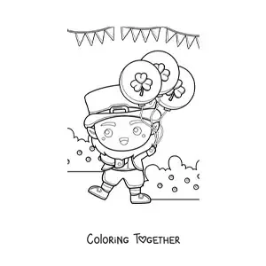 Coloring page of a kawaii leprechaun with clover balloons