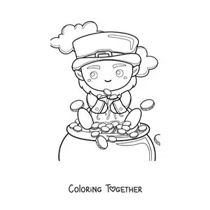Coloring page of a kawaii leprechaun sitting on his pot of gold