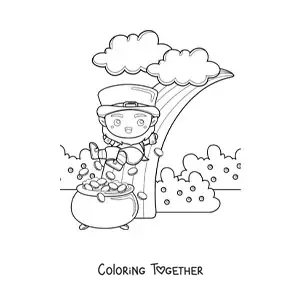 Coloring page of a kawaii leprechaun with a pot of gold at the end of the rainbow